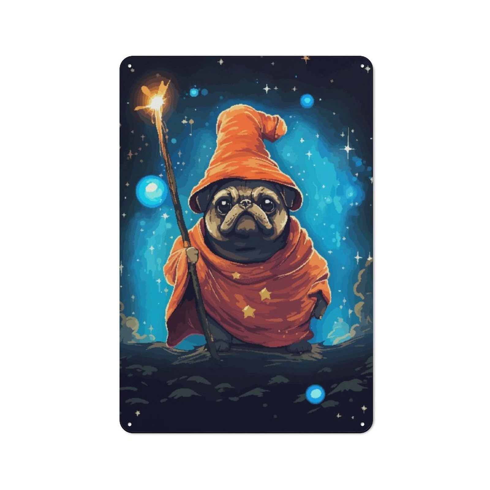 Junmoney Cute Pug Wizard Pixel Art Rustic Metal Sign 30X20cm For Hallway Wall, For Collectors Of Rustic Metal Wall Decor