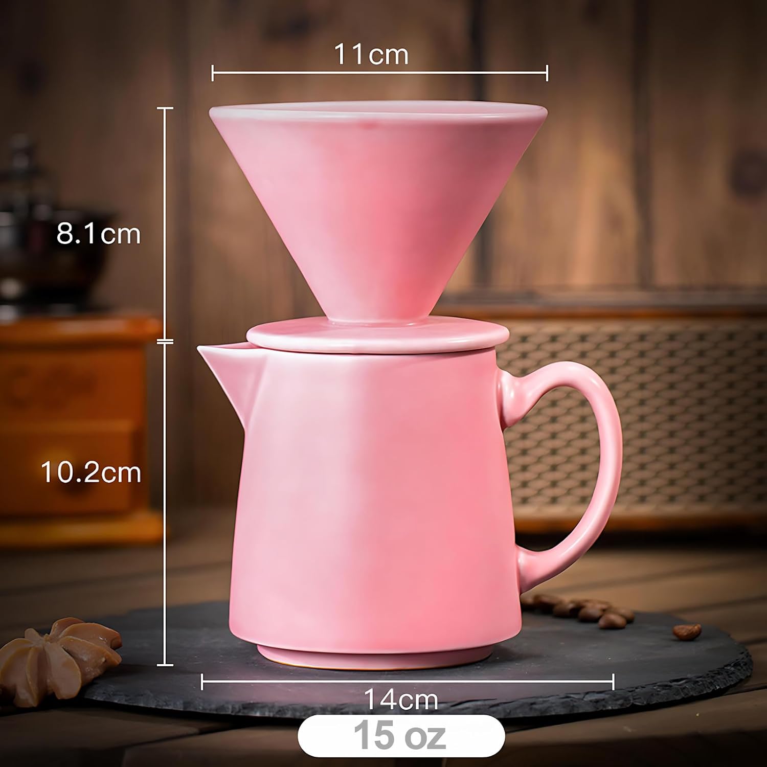Ceramic Pour Over Coffee Dripper Vintage, Pour Over Coffee Maker Set, Filter Cup, Coffee Brewer Cone Filter, V60 Dripper & Decanter set, for Home Café Restaurant, 1-2 Cup (Pink)
