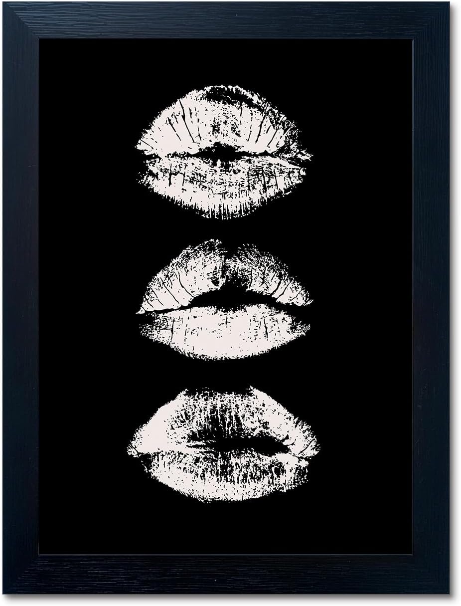 Framed Black and White Kiss Lips Canvas Print Girls Bathroom Painting for Wall Woman Makeup Room Decor Fashion Wall Art Trendy Artwork