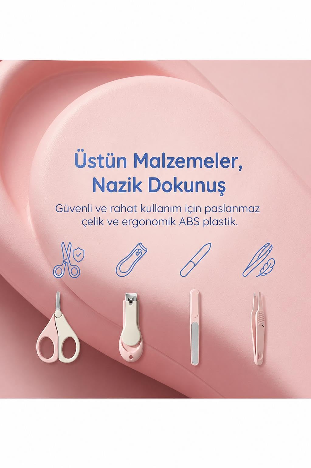 Valkyrie Kutulu 4’lü Bebek Tırnak Bakım Seti Güvenli Bebek Tırnak Makası Törpü Cımbız ve Makas Seti Pembe