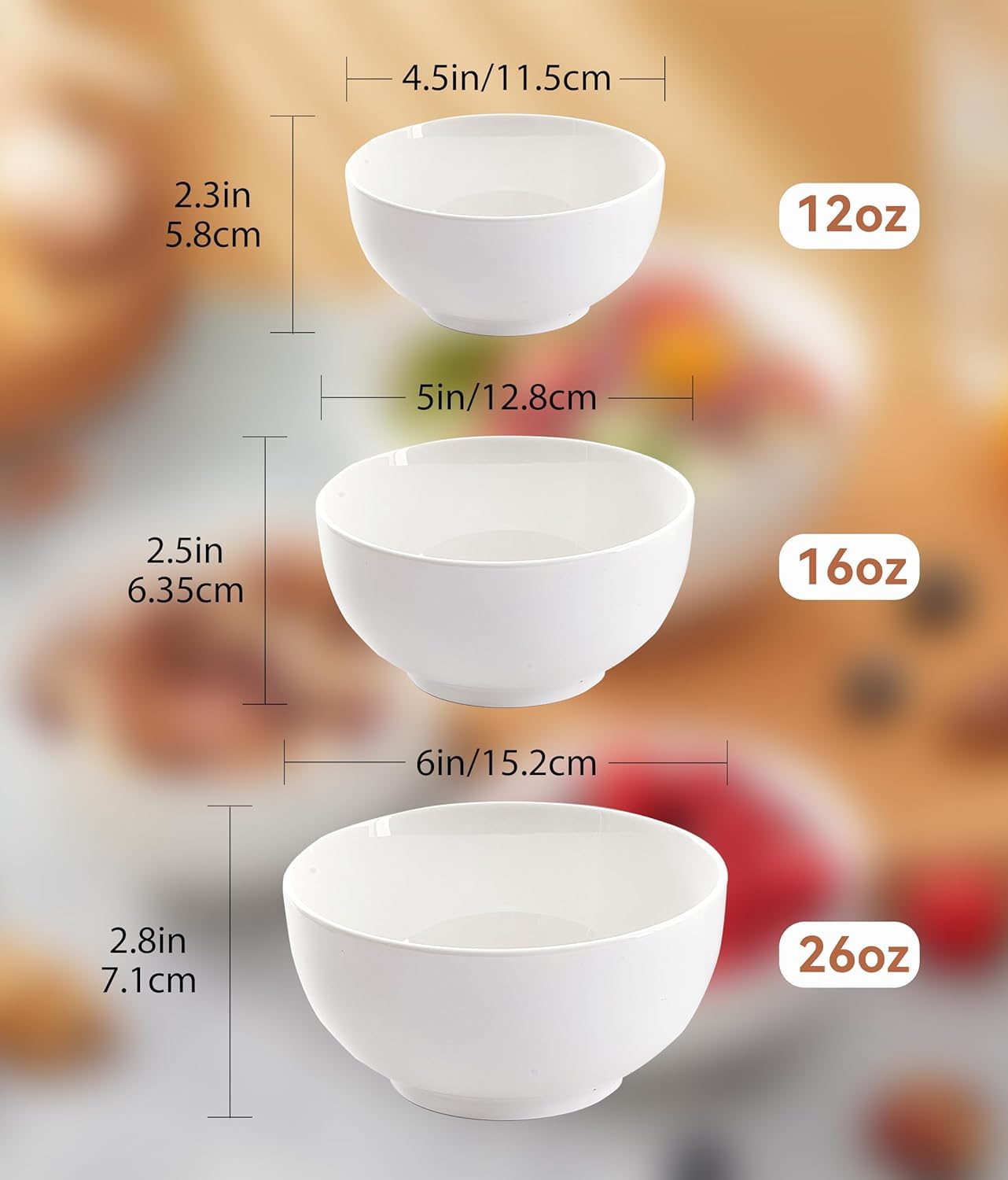 AntoKueh White Ceramic Cereal Bowls 11.4cm, 400ml Small Bowls Set of 6 for Kitchen Cooking Breakfast, Dessert, Rice, Jello - Image 2