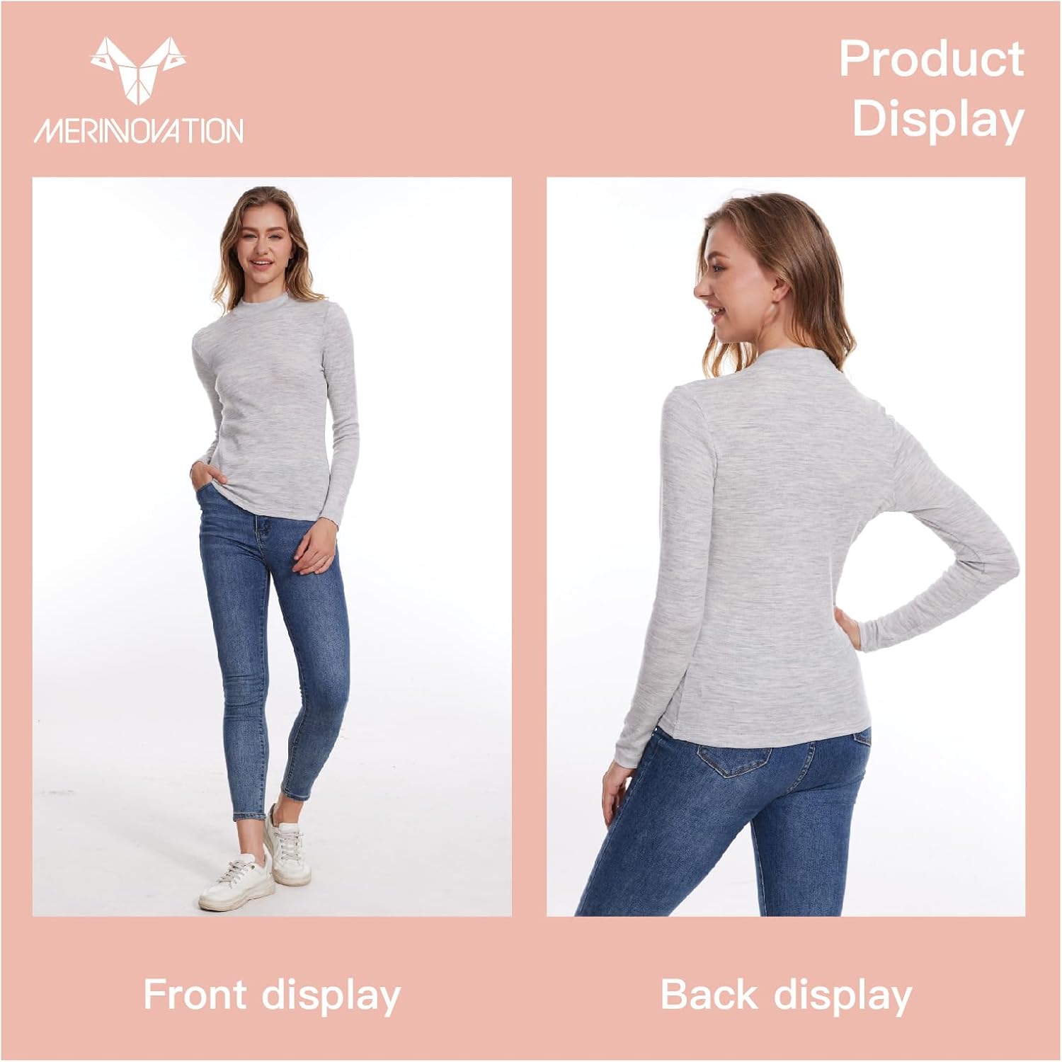MERINNOVATION Merino Wool Base Layer for Womens - Long Sleeve Wool V-Neck - Crew Neck - Turtle Neck - Half Zip Women Shirt