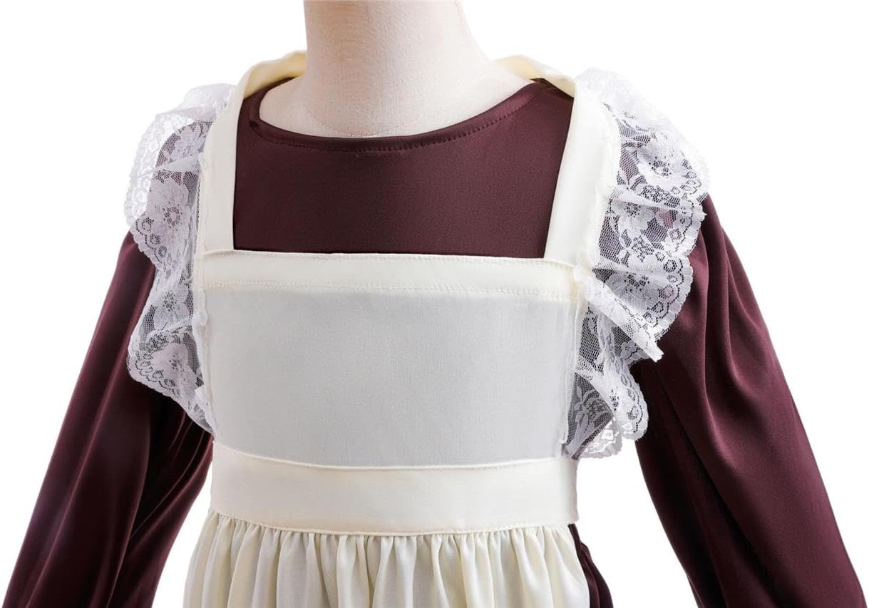 Dressy Daisy Pioneer Colonial Prairie Maid Dress Costume Clothing with Apron and Mob Cap for Toddler Little Girls, Brown