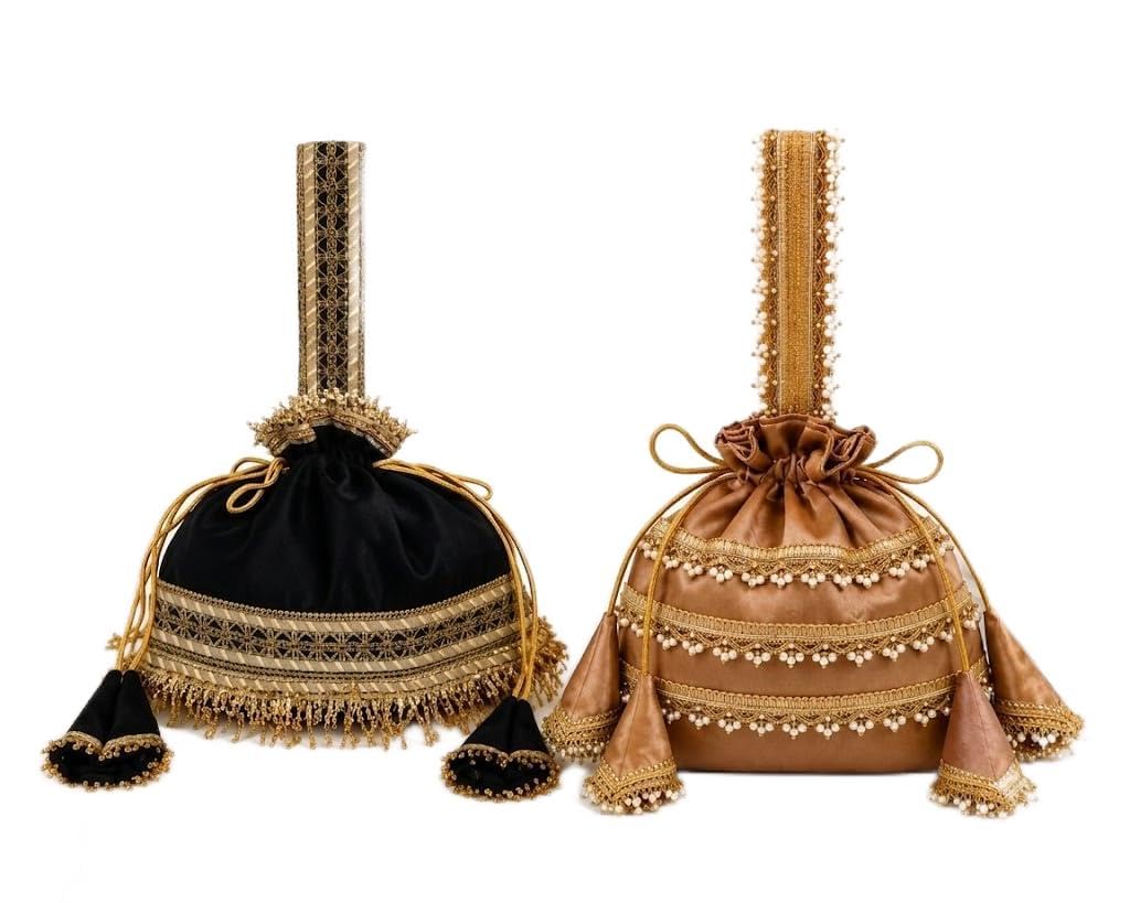 Premium Potli Bag Set of 2 for Women | Embroidered Pearl Lace Drawstring Shagun Gift Pouch | Ethnic Potli Purse Bridal Clutch Wedding Return Gift Bag for Diwali Navratri Karwa Chauth Raksha Bandhan-picture-49