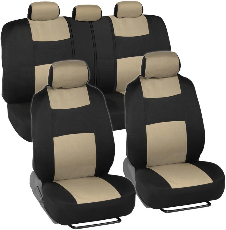 Interior Savers - Polyester Cloth Car Seat Covers & Sport Grip Steering Wheel Cover (Synthetic Leather) for Auto (Black & Beige)