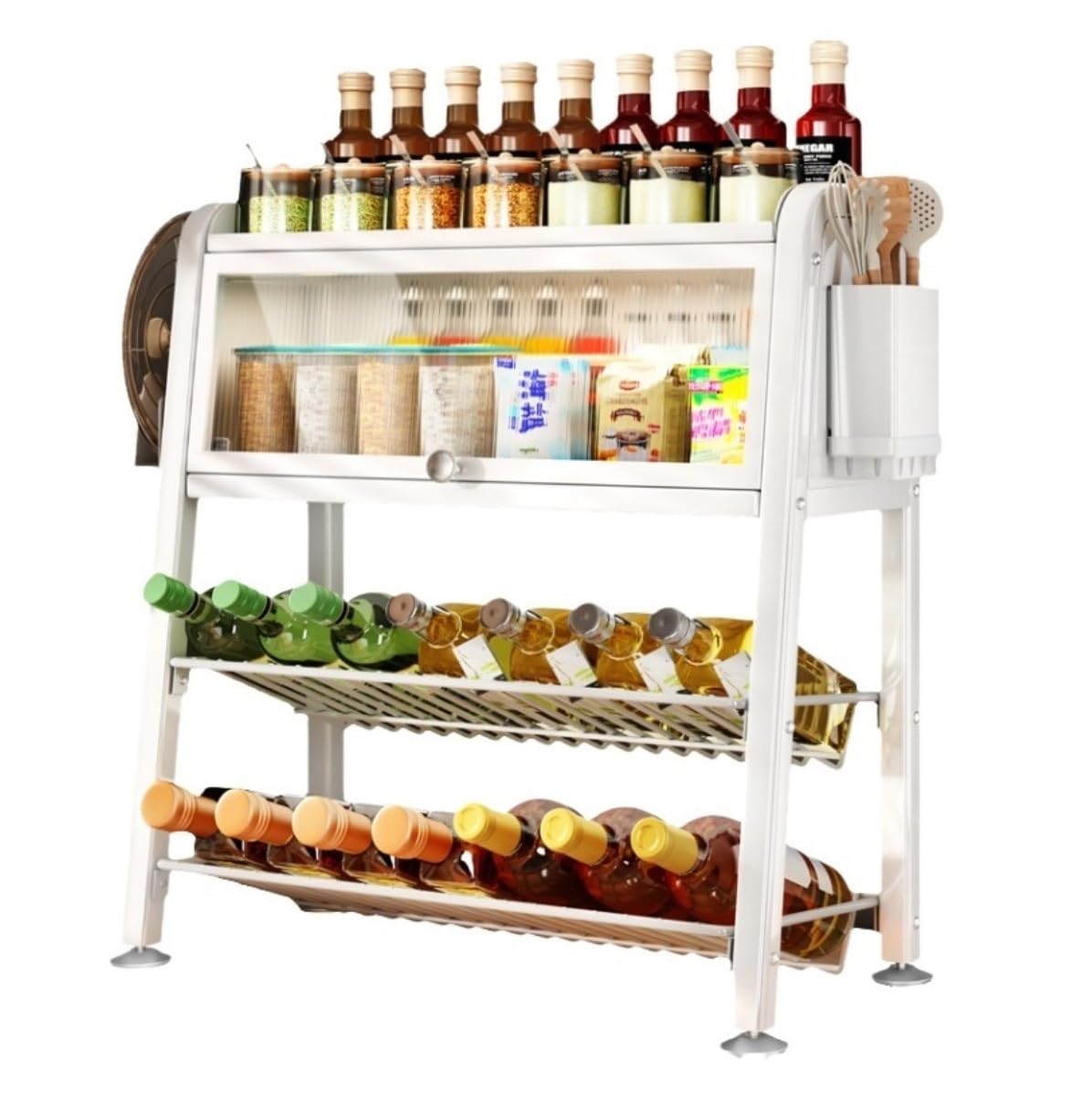 Porte-épices Étagère À Épices 3 Niveaux avec Support De Planche Découper, Baguettes, Organisateur D'épices Comptoir en Métal pour La Cuisine Rangement Cuisine(45 * 26 * 56cm)