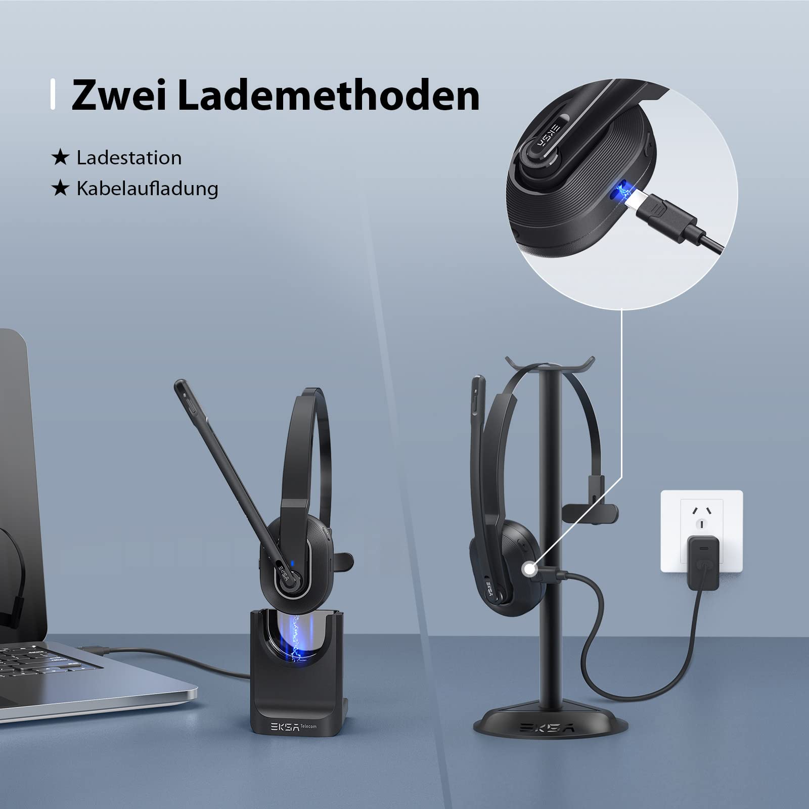 EKSA H5 Bluetooth PC Headset mit Mikrofon & USB Dongle [45 Stdn Spielzeit & 10M Reichweite] Mono mit Ladestation & AI Rauschunterdrückung Mic, Wireless Business Headphones für Büro/HomeOffice