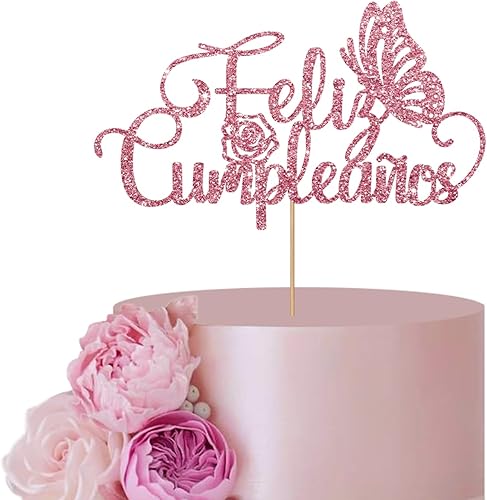 ANNATZQ Decoración para tarta de cumpleaños español de oro rosa, mariposa feliz cumpleaños, tarjeta con purpurina y bambú, cortado con láser y