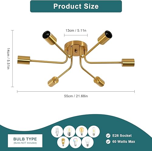 Vista 43 de DELIPOP Sputnik - Lámpara de techo Sputnik moderna de 4 luces negras y doradas, lámpara de techo E26 de metal industrial semiempotrada para Negro