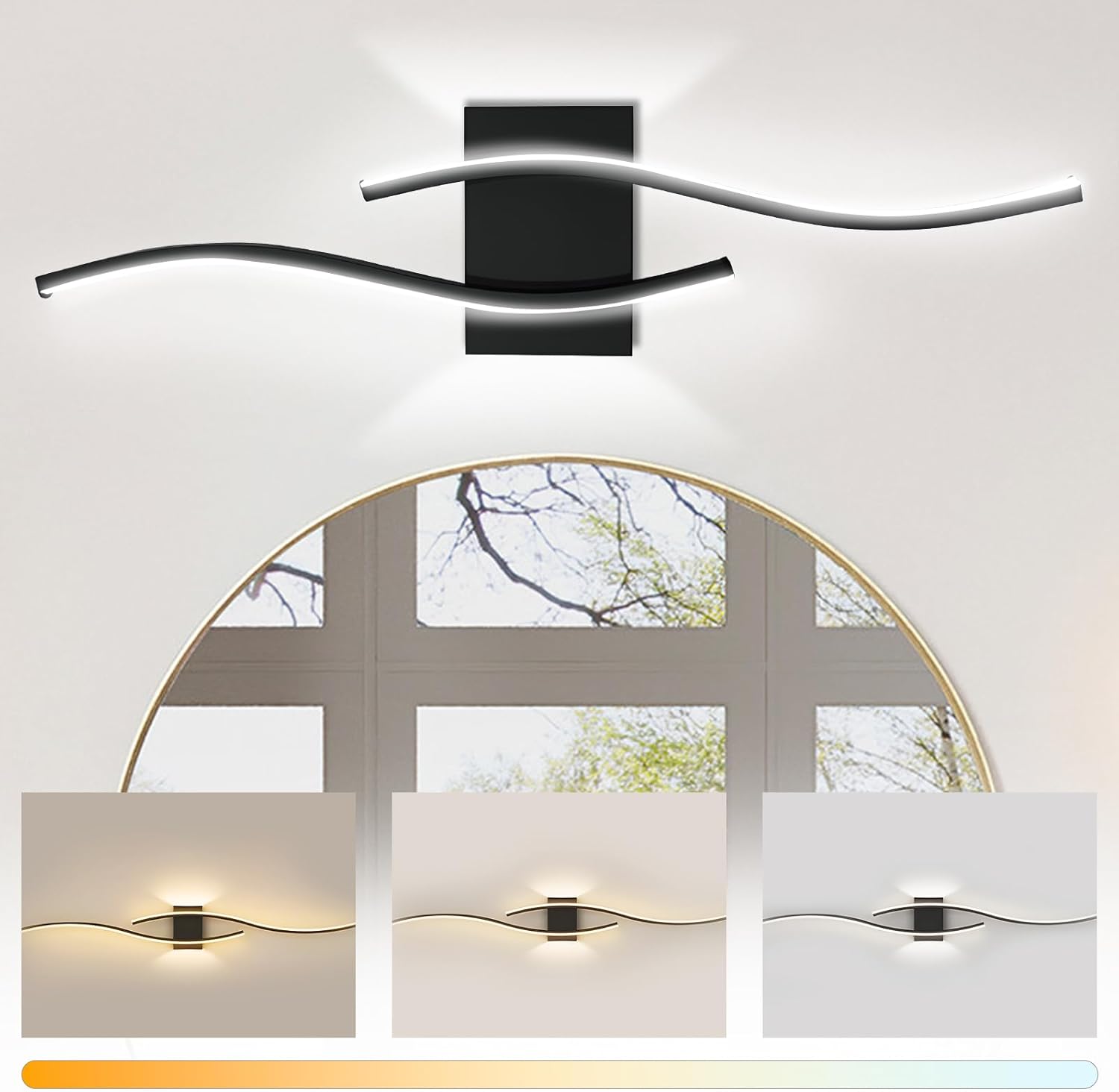 Modern Led Wall Sconce, 24Inch Black Barthroom Vanity Light Over Mirror 24W Wall Light Fixtures Stair Lights Wall Lamp for Bedroom Bedside Livingroom Hallway Hotel 3 Color Change