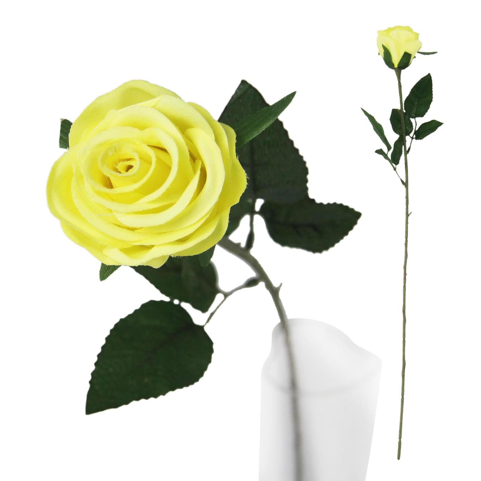 Single Premium Rose Bud - Artificial Silk Funeral Flowers with Leaves Quality[Yellow]