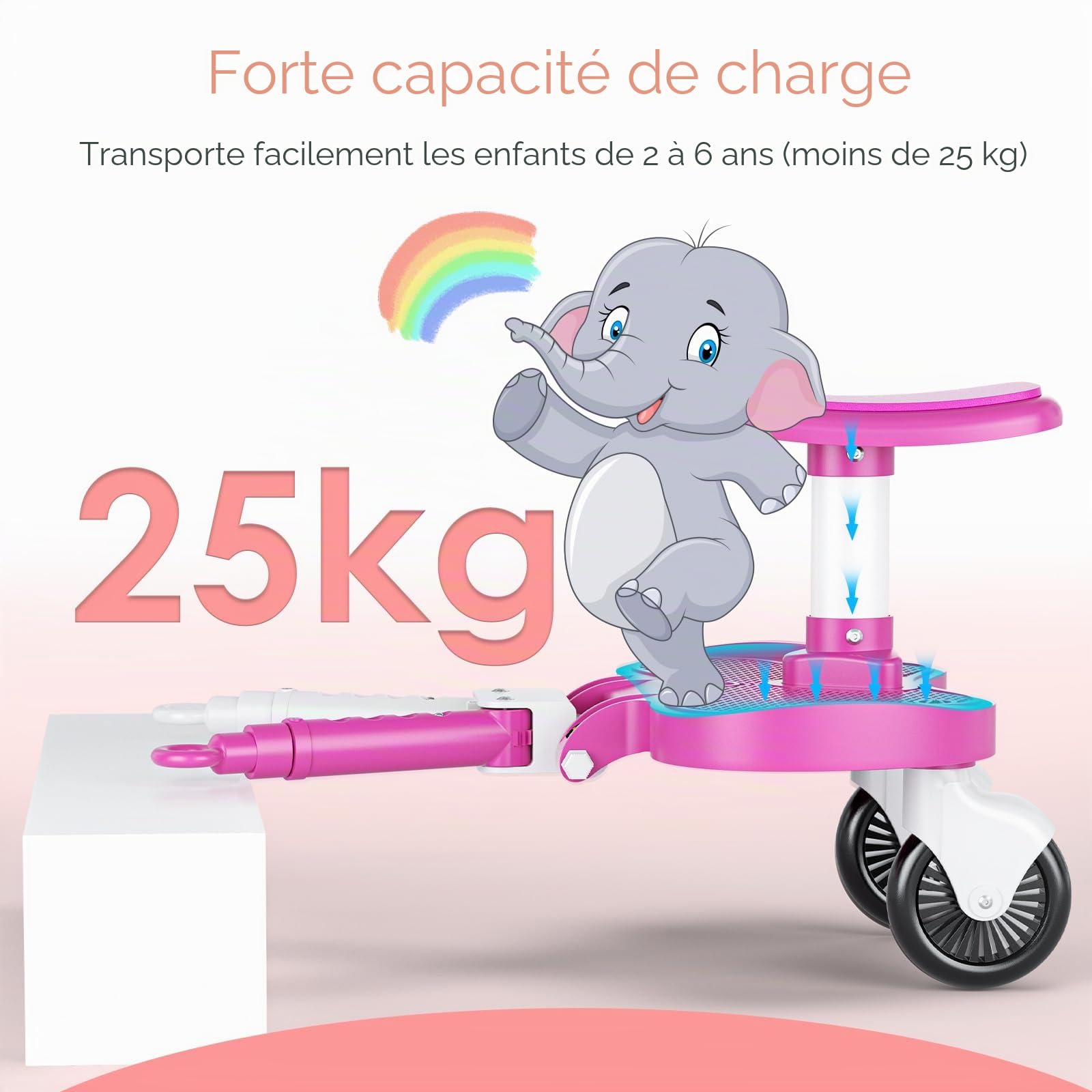 Planche Poussette Universelle Rose, Marche Pied Poussette Universelle avec Siège, Compatible 99% des Poussettes, Planche à Roulettes pour Enfants 2-6 Ans (25KG)