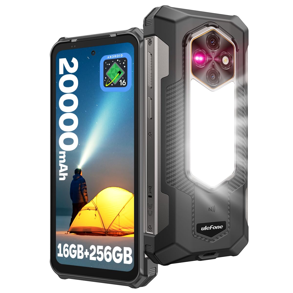 Ulefone RugKing 5 Pro Movil Irrompible 2026, 20000mAh con 1000 LM Luz de Acampada, Android 16 Móvil Rugerizado 16GB+256GB/2TB Smartphone 6.78" FHD+, 64MP+20MP Visión Nocturna Dual 4G SIM/NFC/OTG-Negro