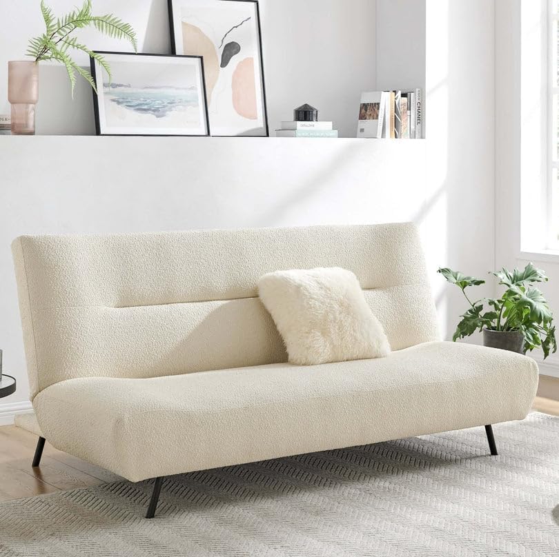 Bravich Cirrus 3 Seater Sofa Bed. Boucle Fabric Click Clack Sofa Bed, Folding Cream Sofa To Double Bed. Space Saving Furniture For Living Room, Bedroom Furniture & Guest Room - 185 x 86 x 88cm (Cream)