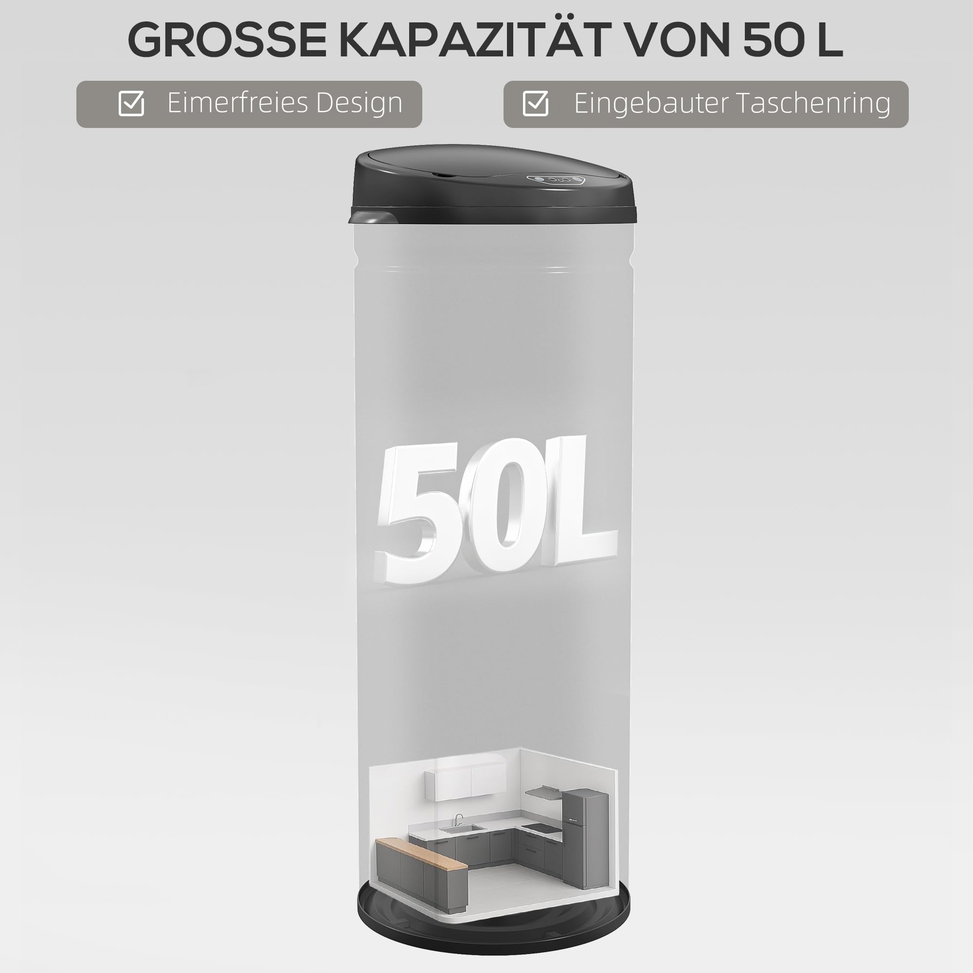 HOMCOM Cubo sensor 50L Soft-Close Automático Sin contacto Negro | Sensor de movimiento, acero inoxidable resistente a huellas, cocina higiénica, uso en oficina en casa