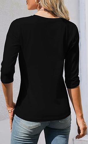 Miniatura 6 de Camiseta básica de algodón liso liso con cuello redondo y manga 34 para mujer