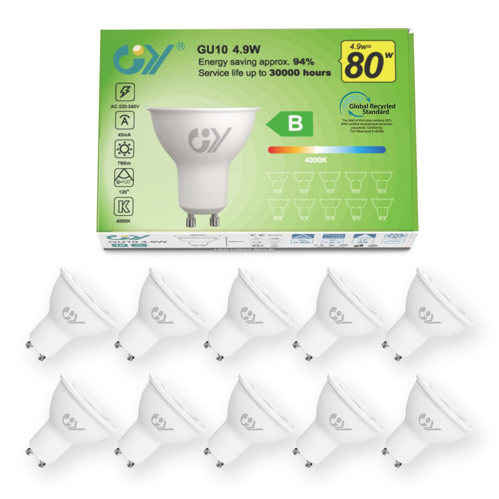 GY GU10 LED Neutralweiss Lampe 4.9W 790 Lumen 4000K Neutralweiß Glühbirnen,80W lampe ersetzt,Abstrahlwinkel 120° Leuchtmittel,Nicht Dimmbar Energiesparlampe,10er-Pack