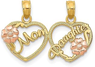 Colar com pingente de coração em dois tons de ouro amarelo 10k Mom Daughter Break Apart Talking Mot Breakapart Love S/love Message Joias finas para mulheres presentes para ela, Pedra Ouro amarelo Pedra