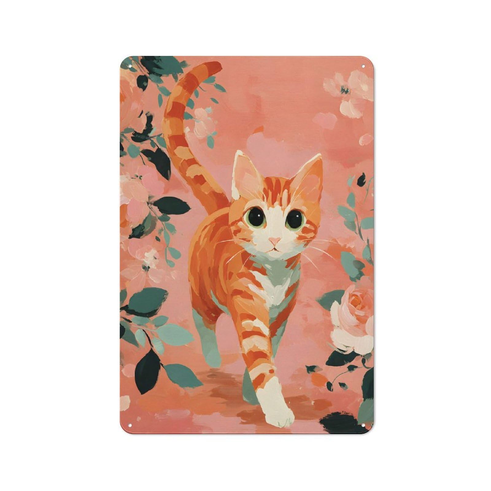 For Hobby Room Or Studio, Orange Tabby Cat with Floral Background Rustic Metal Sign 30x20cm, for Creative Interior Collectors Refreshing A Room in Autumn