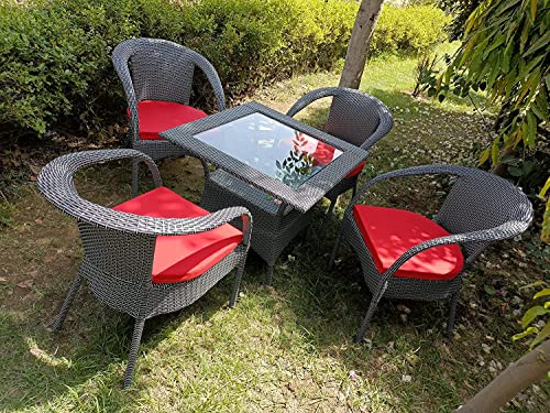 Image of Anaya Decor D-8 Chairs Table Set 4+1 Wicker Patio Furniture Sets 4 Chair and 1 Table with Cushions for Garden Balcony Bedroom Powder Coated Frame Uv Protected Wicker (Black-Red)