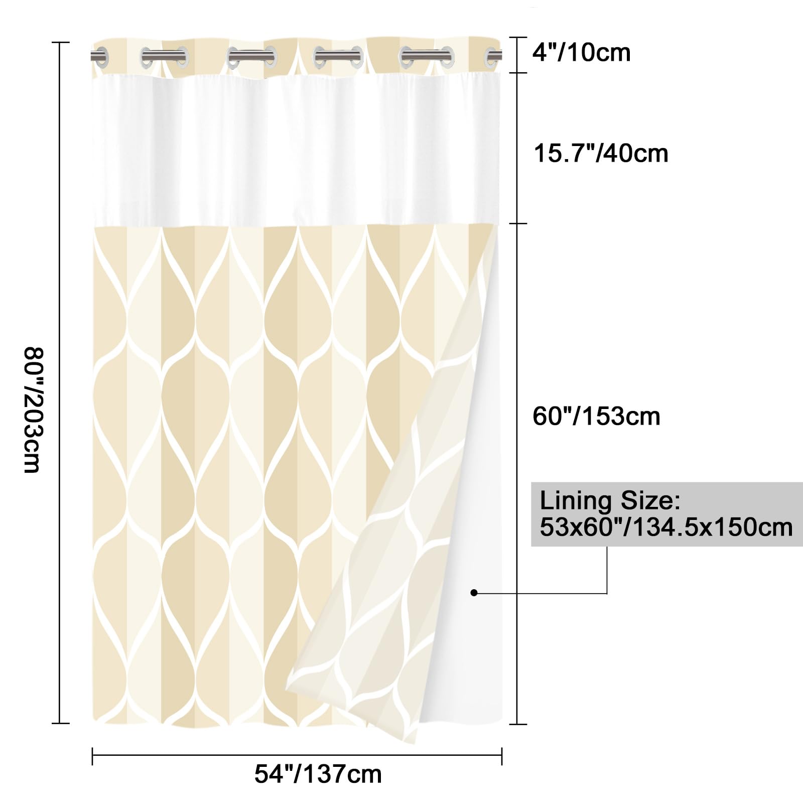 Yiatn Duschvorhang ohne Haken, Stallgröße, mit Stoffeinsatz, Hotel-Stil mit durchsichtigem Netzfenster, modernes geometrisches Wassertropfen-Design, wasserdicht und waschbar, 137 x 203 cm,