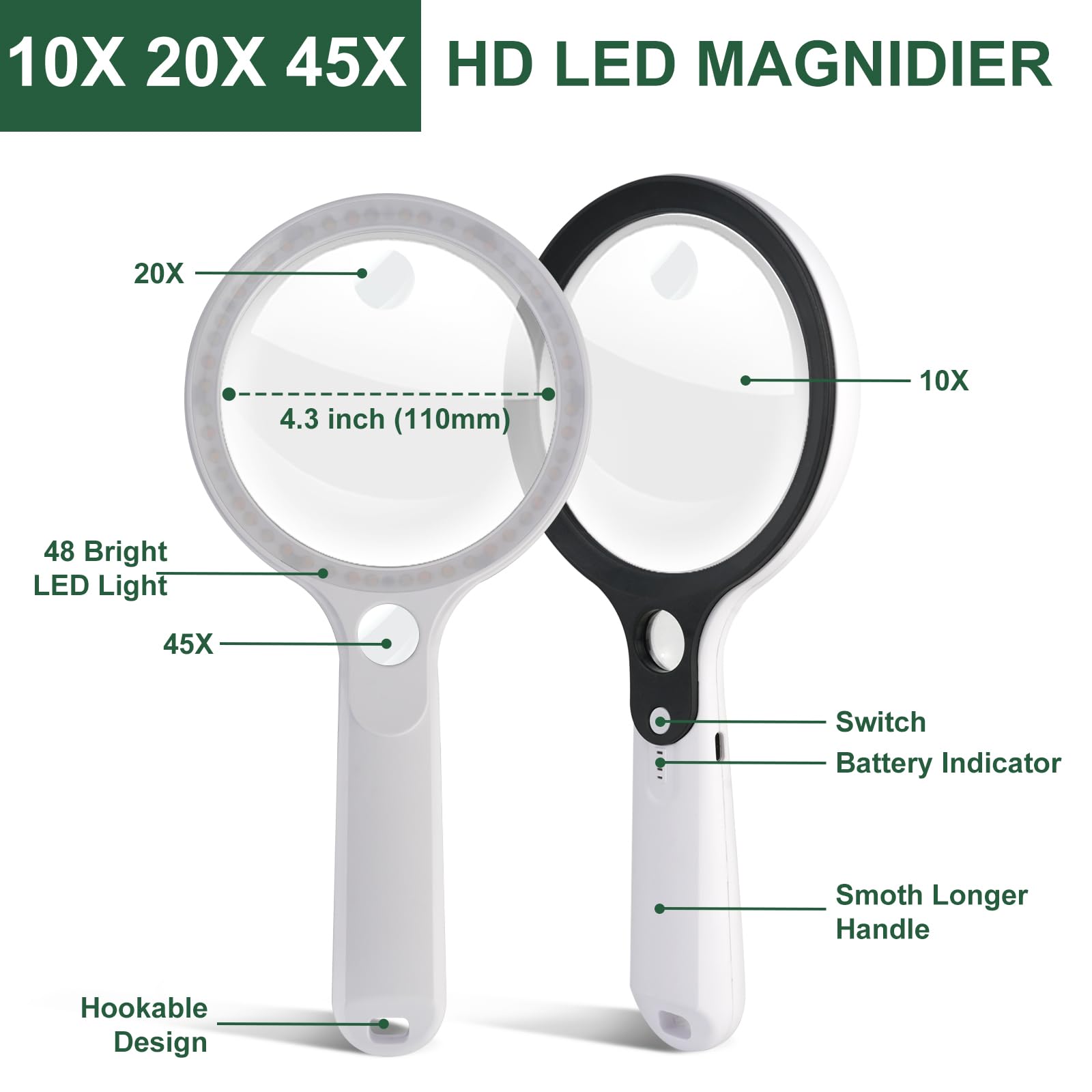 Lupa con 48 luces LED, 10 x 20 x 45 aumentos, lupa iluminada de mano con 5 modos de luz, lupa recargable para personas mayores, inspección de lectura (blanco y negro)