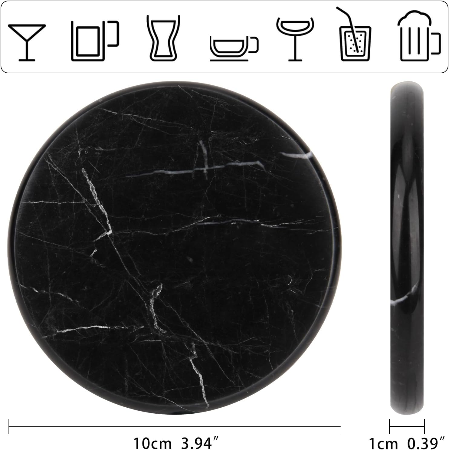 Natural Marble Coasters Set of 4, 4 inch Round Stone Coasters with Silicone Anti-Slip Pads, Minimalist Marble Drink Pads for Table Protection, Modern Home Decor (4, Black Marquina, Round)