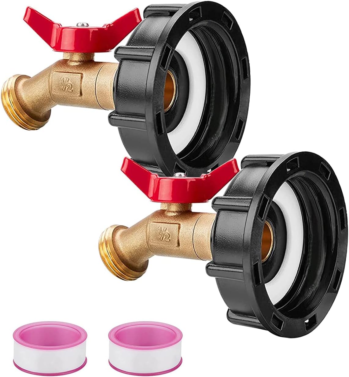 2 Pack 275-330 Gallon IBC Tote Water Tank Adapter Coarse Thread + Lead-Free Brass Hose Faucet Water Shut-Off Valve with Ball (1/2" Male NPT Inlet ×3/4" GHT Outlet) - with Garden Hose Quick Connectors