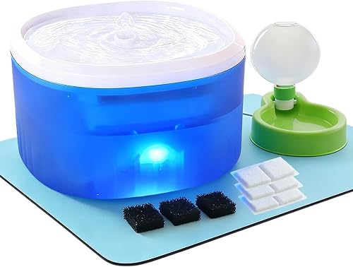Haxgecgi Cat Water Fountain 2.2L/74oz Ultra Quiet Automatic Pet Fountain with 3 Filters, Mat & Outdoor Bottle Blue