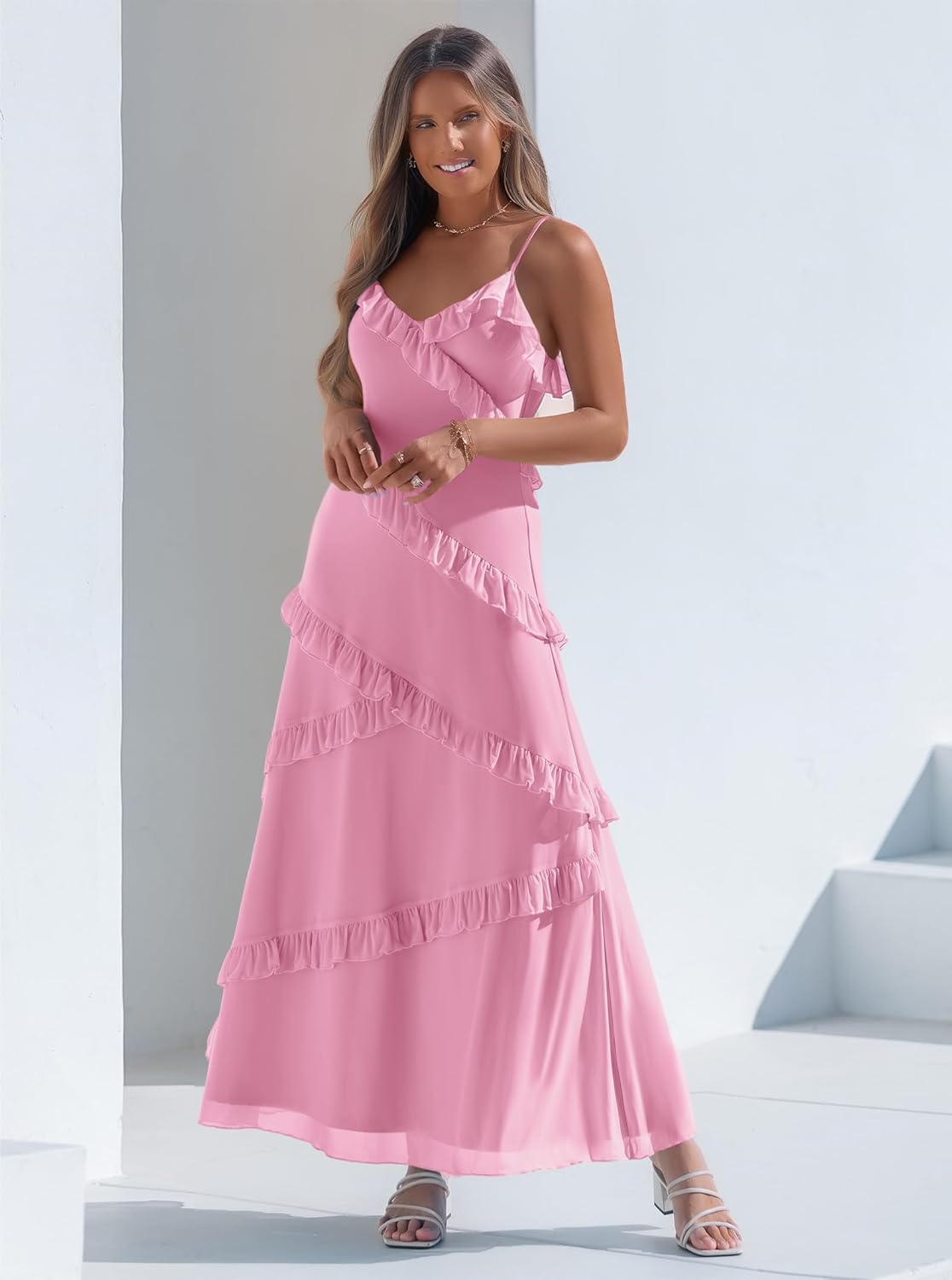 Women's Ruffle Tiered Wedding Guest Dresses Cami Mesh Maxi Dress Gown Cocktail Party Club Casual Summer Sundresses - Image 4