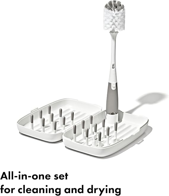 OXO Tot Travel Size Baby Bottle Drying Rack & Bottle Brush, Portable, Gray