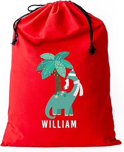 Miniatura 1 de Qualtry Bolsa de Navidad personalizada de Papá Noel para regalos infantiles (diseño de dinosaurio, rojo de 19.5 x 26 pulgadas), saco grande de