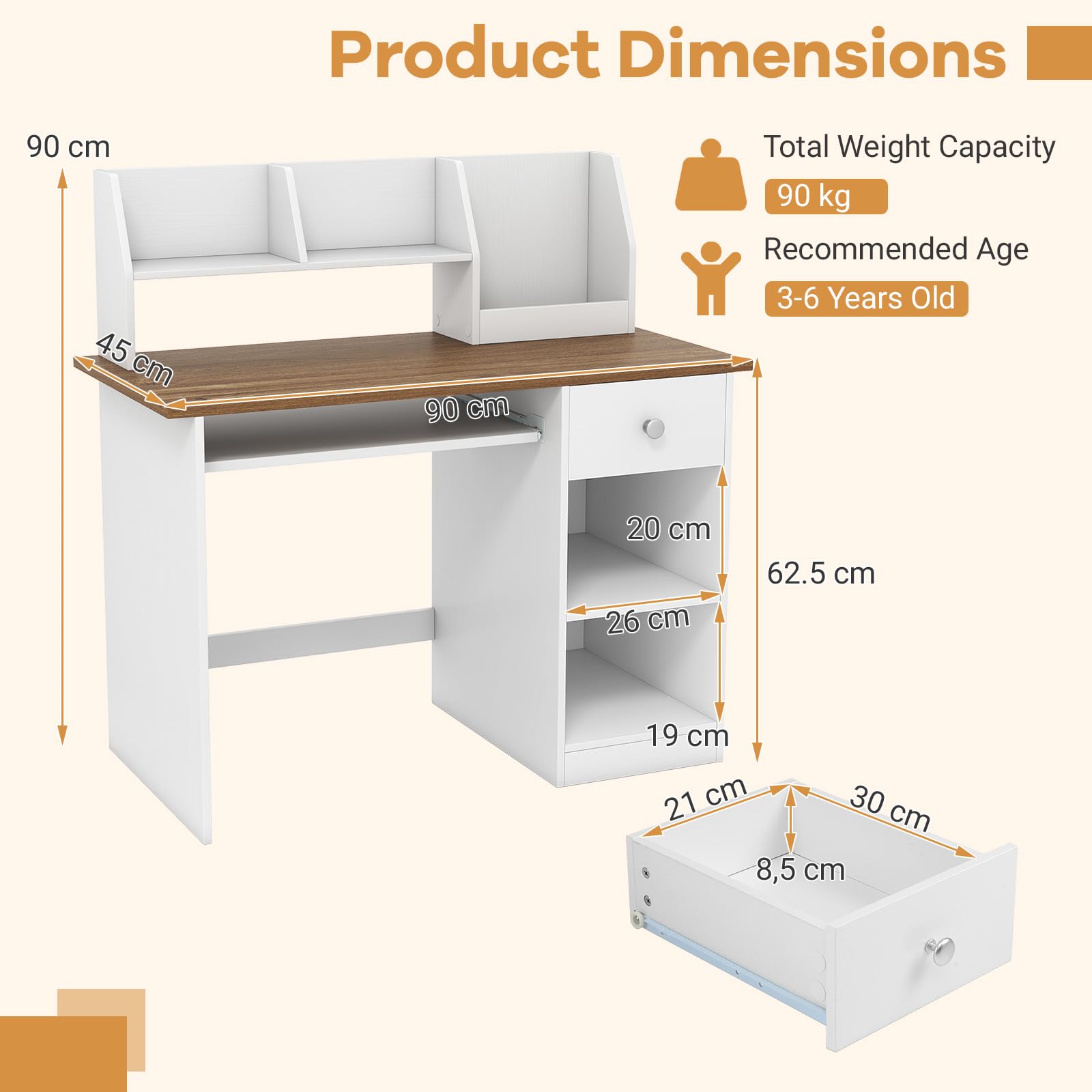 Bureau Enfant 90x45x90CM Bois avec Bibliothèque Tiroir 2 Etagères Plateau Clavier Anti-Bascule Charge 100KG Naturel