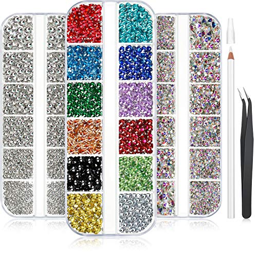 9000 Pieces Nail Art Rhinestones Nail Diamonds Stone AB Crystal Rhinestones Nail Gems Colorful Flatback Rhinestones with Rhinestones Picker Dotting Pen and Tweezers for Nail Art Decoration, Mixed Size