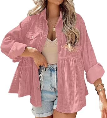 Womens Corduroy Peplum Shirts Tops Cute Long Sleeve Button Down Blouses with Pockets