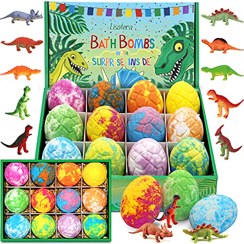 Bath Bombs for Kids with Toys Inside for Girls Boys - 12pcs Surprise Dinosaur Eggs Large Size Handmade Bubble Bath Fizzies Spa Fizz Balls Kit, Birthday Christmas Day Easter Eggs Gift Set