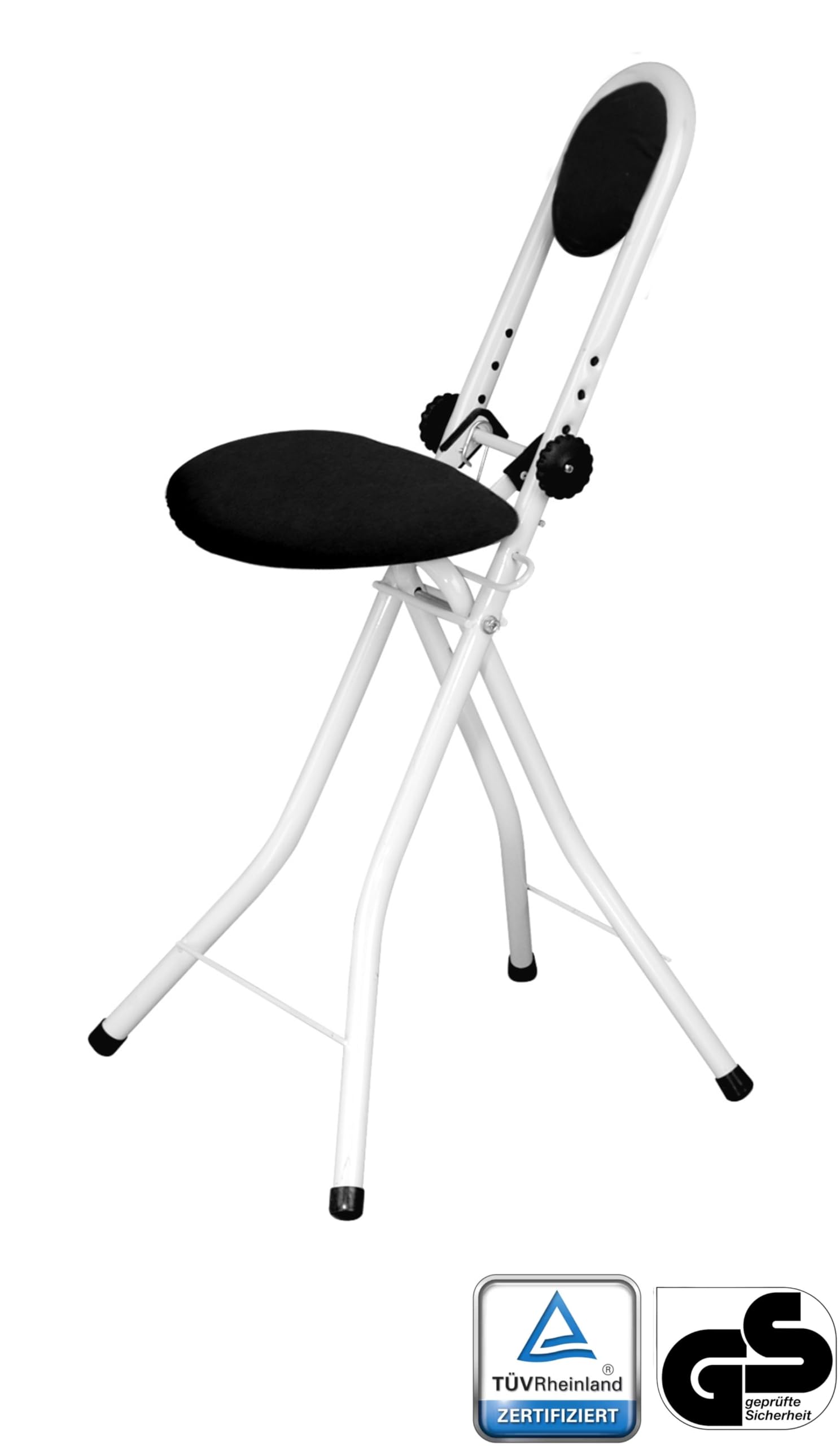 Stehhilfe, Bügelstehhilfe mit Sitzkissen und Rückenkissen, Stehstuhl, höhenverstellbar von 55-64 cm, Stahl, 47 x 91,5 x 45 cm, weiß TÜV/GS Zertifiziert