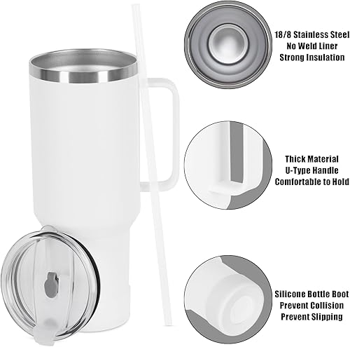 Miniatura 3 de Paquete de 4 vasos de 40 onzas con asa y pajilla, taza aislada al vacío de doble pared de acero inoxidable, taza de café de viaje de 40 onzas a