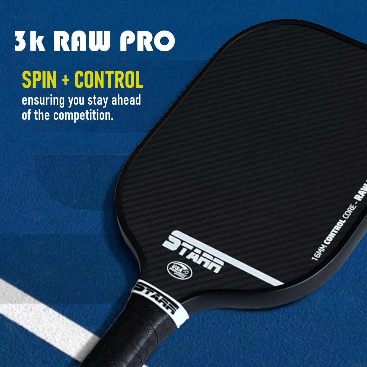 STARR Raw Pro Pickleball Paddle | 16mm Honeycomb Core | 3K Carbon Fiber Control Surface