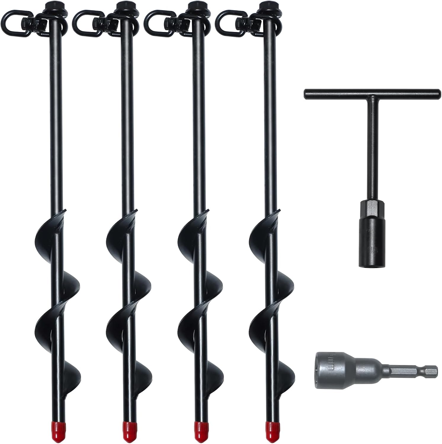 EAGLE PEAK Heavy Duty Ground Anchor Kit, 12” Spiral Screw-in Stakes with Drill Adapter & T-Handle, Secure Anchors for Trampoline, Tent, Canopy, Shed, Carport, Garden & Outdoor Use (Set of 4)