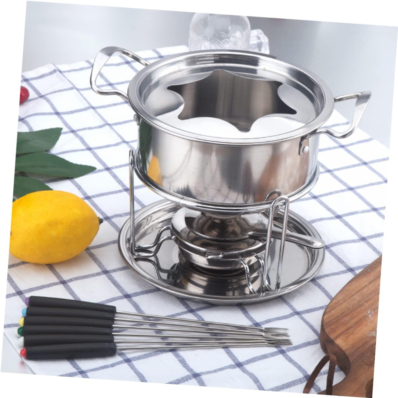 10pieces Stainless Steel Fondue Set for Chocolate and Cheese Melting Includes Coded Forks and Gel Burner for Parties and Gatherings