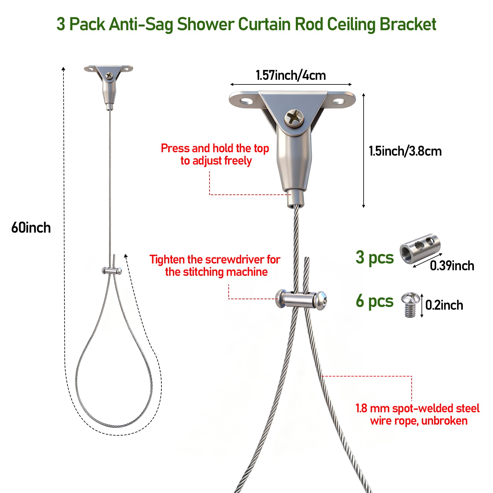 Zarique Lot de 3 supports de plafond pour tringle de rideau de douche anti-affaissement - Réglable de 152,4 cm - Acier inoxydable 304 résistant à la rouille - Pour tringles incurvées, en forme de L et