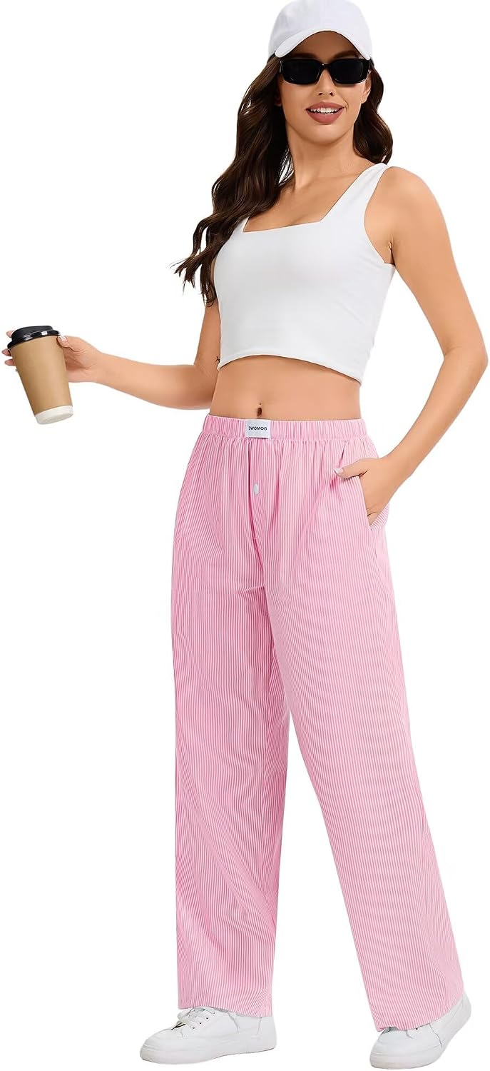 SWOMOG Women 100% Cotton Pajama Pants Striped Plaid Pj Trousers Drawstring Gingham Bottoms Casual Wide Leg Pant with Pocket