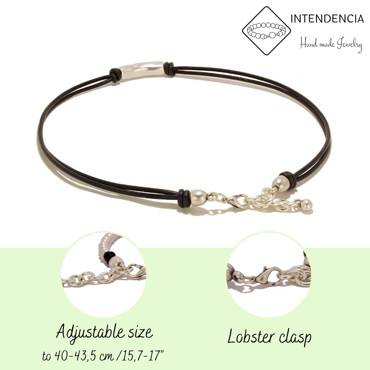 Collar hecho a mano de cuero y detalle de tubo en zamak por Intendenciajewels - Collar de cuero negro - Collar boho - Joyeria de zamak – Collar ajustable de 40 – 43,5 cm.