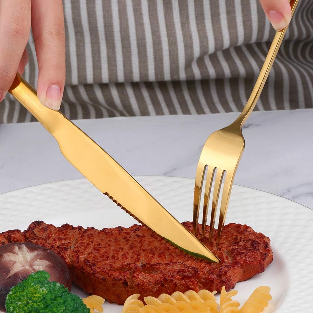 Gold Steak Knives Set of 12, 9 Inch Stainless Steel Serrated Dinner Knives Set, Professional Restaurant Sharp Knives for Steak, Kitchen, Party, Wedding, Dishwasher Safe