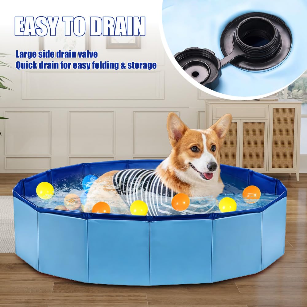 Piscina Plegable para Perros, 80 x 20 cm Piscina para Perros, Portátil Piscina para Perros Pequeños con Válvula de Drenaje, para Interior o Exterior Segura Antideslizante (Azul)