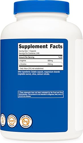 Miniatura 10 de Nutricost L-Arginina L-Citrulina Complejo 750 mg 120 cápsulas - Sin OMG