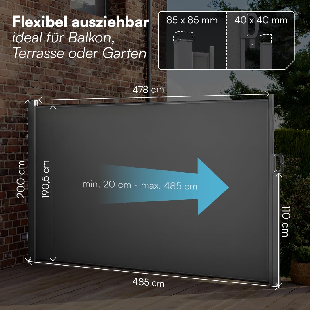 STEELSØN Zirella Seitenmarkise 200x485cm – Windschutz ausziehbar in Anthrazit – Markise wetterfest – Sichtschutz – Seitenrollo mit Wandhalterung – Sonnenschutz Blickdicht – Wandmarkise aus Aluminium