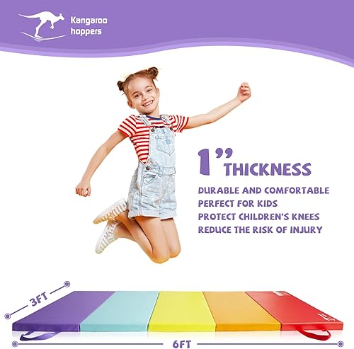 Miniatura 2 de Kangaroo Hoppers Colchoneta plegable para niños, tapete de gimnasia para niños con asas de transporte para actividades en casa, 3 pies x 6 pies, 5