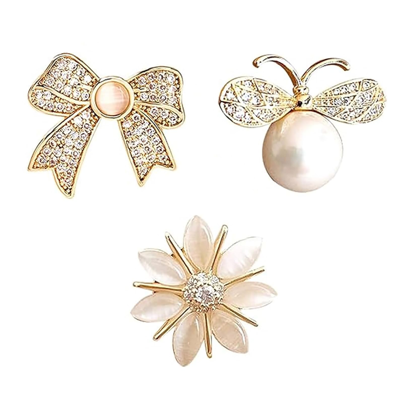 3 PCS Brooch Pin for Women, Bow Bee and Petal Designs, Gold Crystal Pearl Brooches for Women, Elegant Saree Pin Accessories for Coat and Dress-image-41